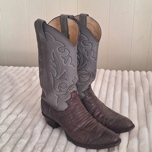 Pre-90s Justin 8407 Teju Lizard Silver Cowboy Boots Men’s 10B Vintage USA